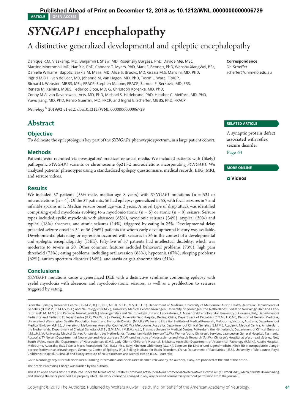 SYNGAP1 Encephalopathy a Distinctive Generalized Developmental and Epileptic Encephalopathy