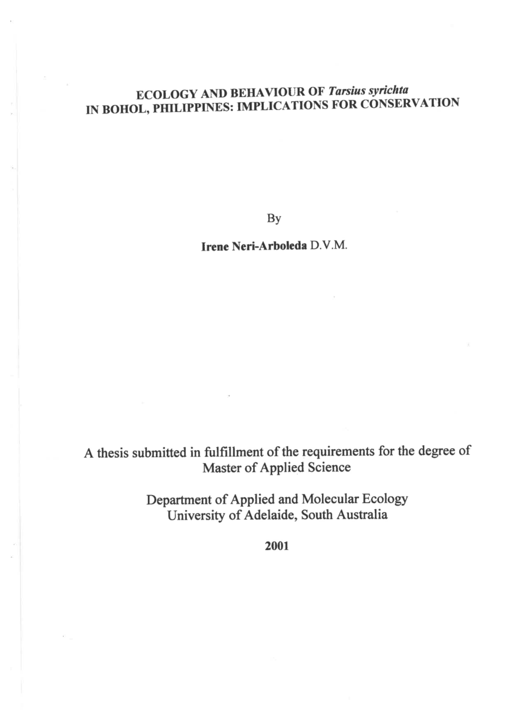 Ecology and Behaviour of Tarsius Syrichta in the Wild