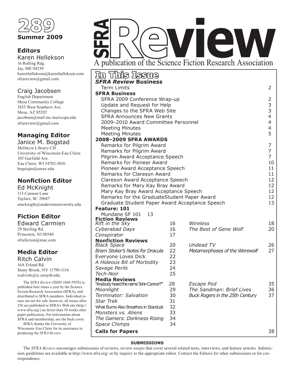 A Publication of the Science Fiction Research Association in This Issue