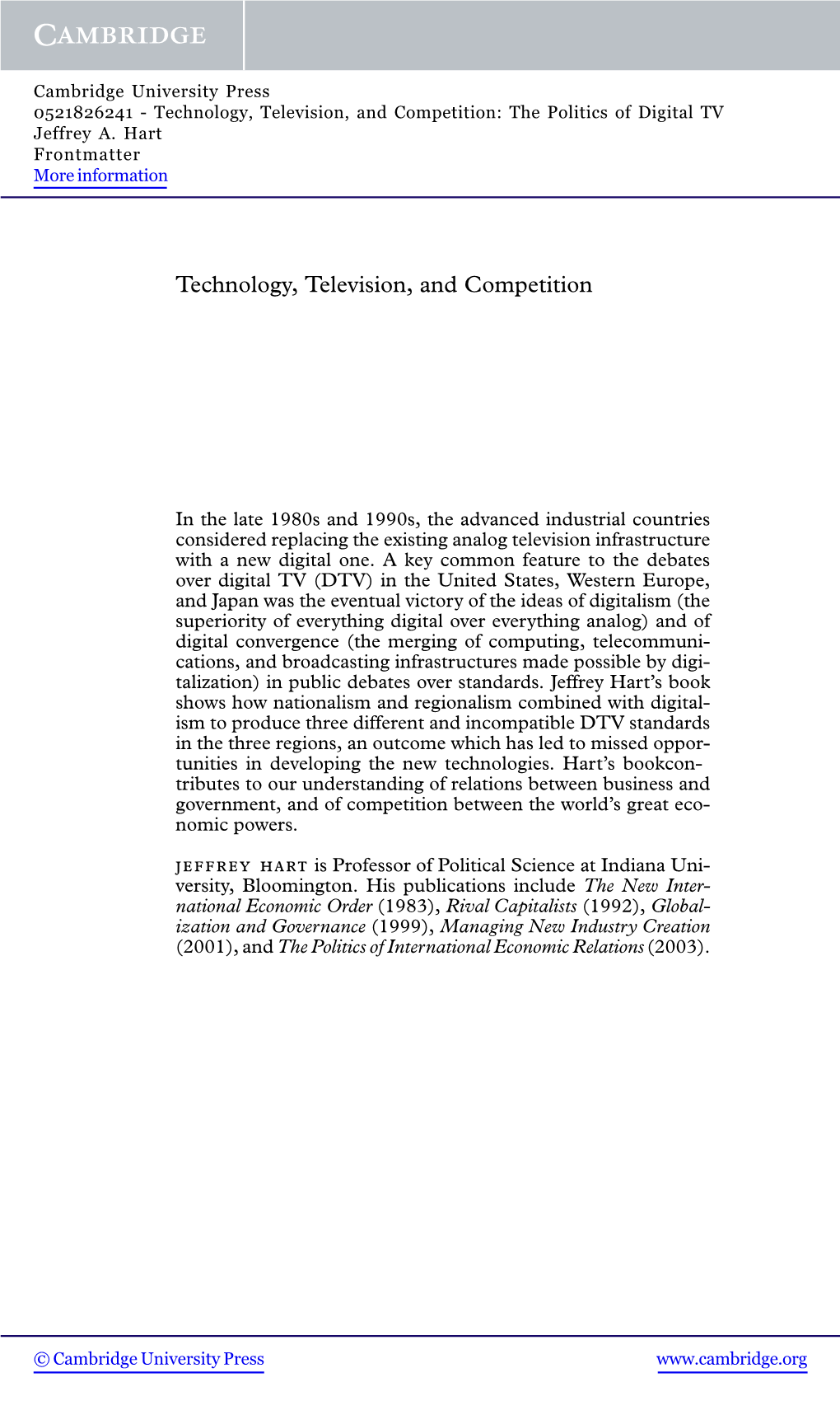 Technology, Television, and Competition: the Politics of Digital TV Jeffrey A