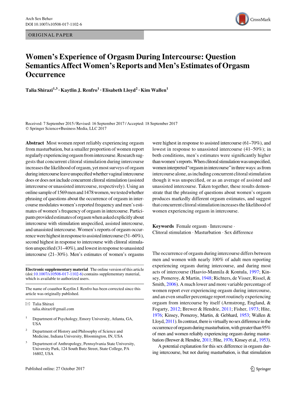 Women's Experience of Orgasm During Intercourse