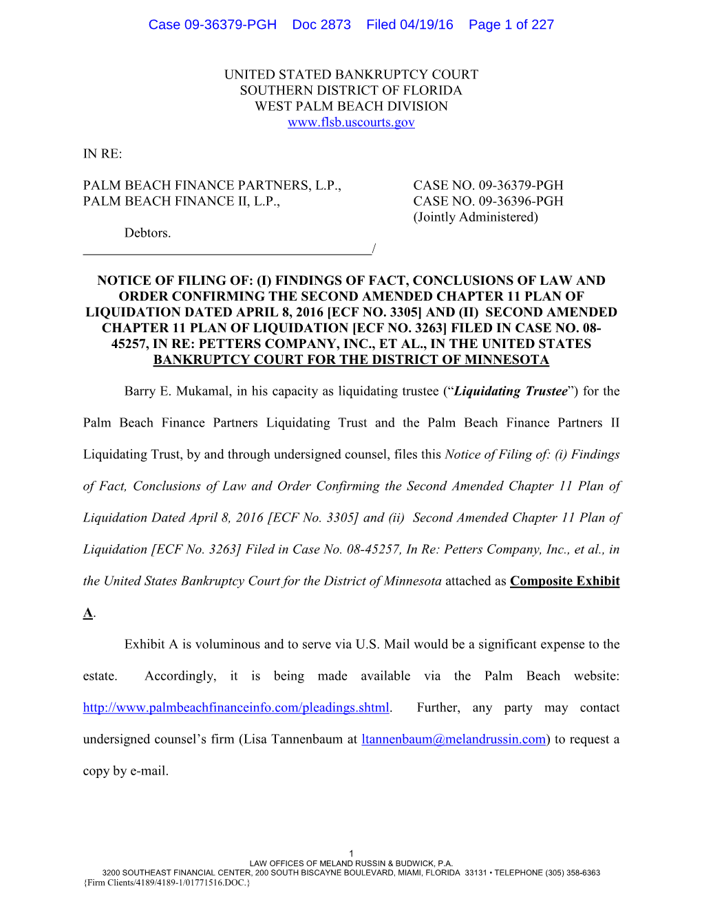 Notice of Filing Exhibit a to Trustee's Motion (1) to Approve Settlement