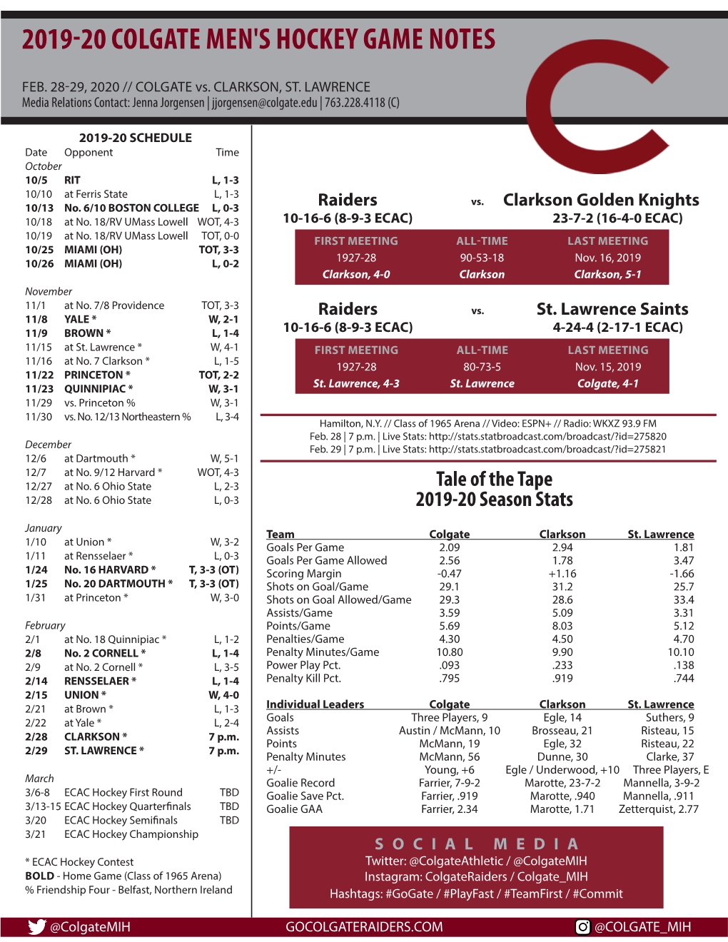 2019-20 Colgate Men's Hockey Game Notes