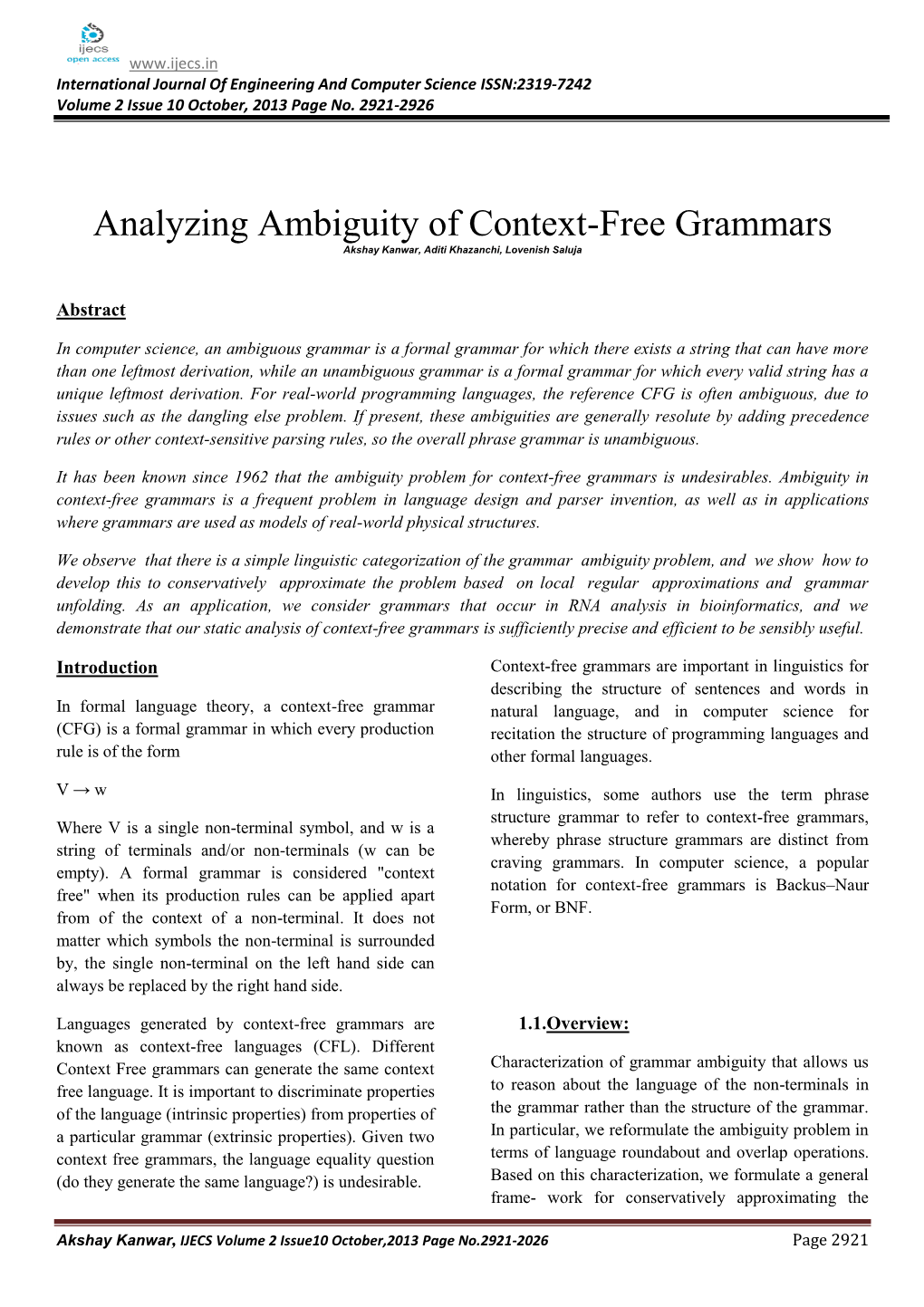 Analyzing Ambiguity of Context-Free Grammars Akshay Kanwar, Aditi Khazanchi, Lovenish Saluja