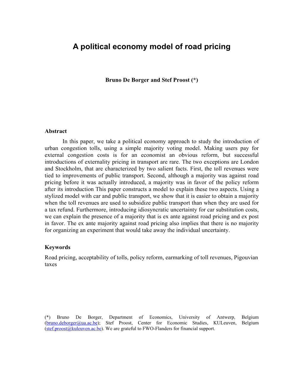 A Political Economy Model of Road Pricing