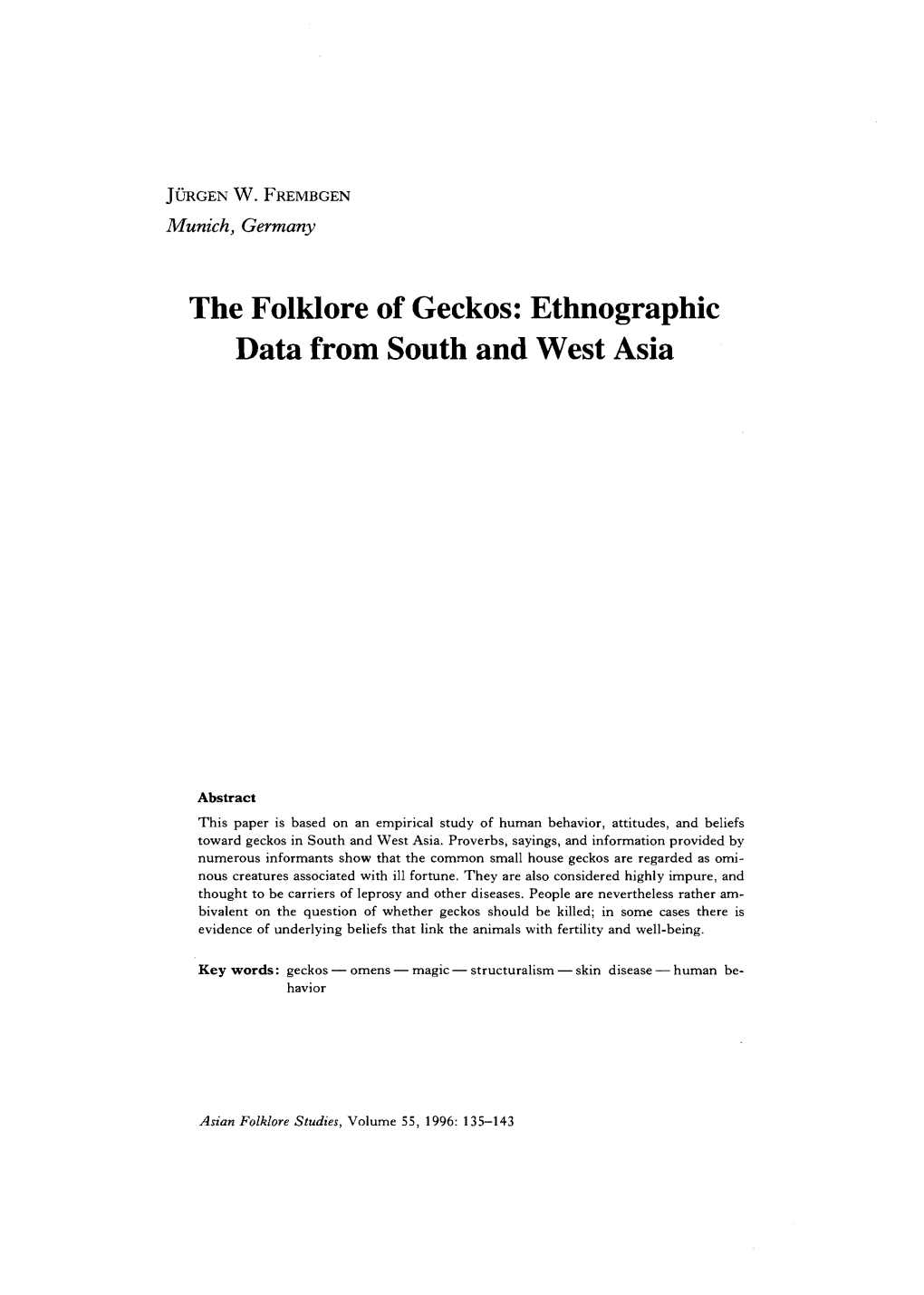The Folklore of Geckos: Ethnographic Data from South and West Asia