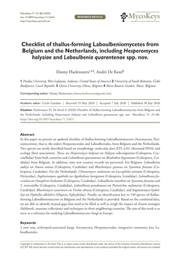 Checklist of Thallus-Forming Laboulbeniomycetes from Belgium and the Netherlands, Including Hesperomyces Halyziae and Laboulbenia Quarantenae Spp