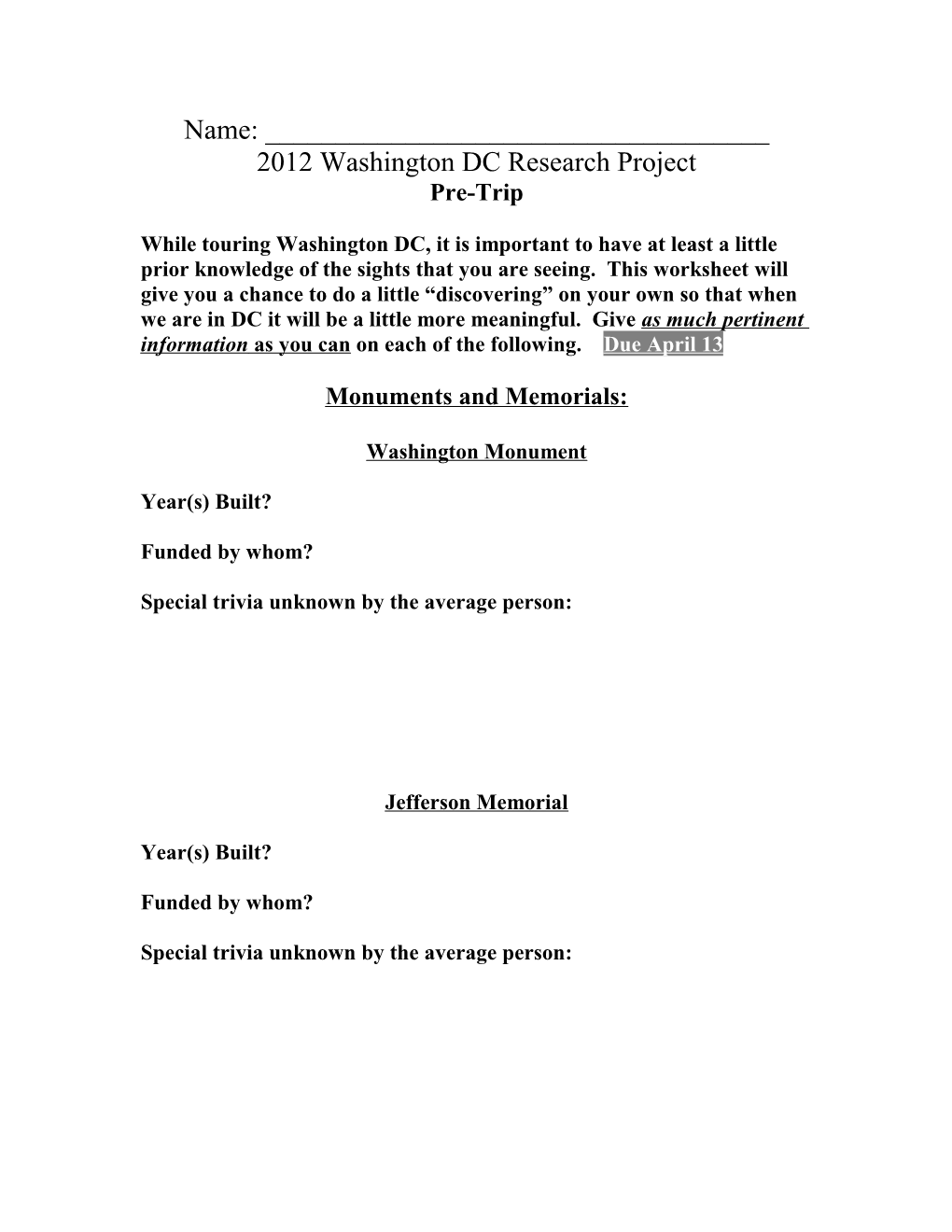 Washington DC Research Project