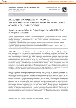 Armored Invaders in Patagonia: Recent Southward Dispersion of Armadillos (Cingulata, Dasypodidae)