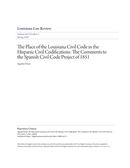 The Place of the Louisiana Civil Code in the Hispanic Civil Codifications: the Comments to the Spanish Civil Code Project of 1851, 68 La