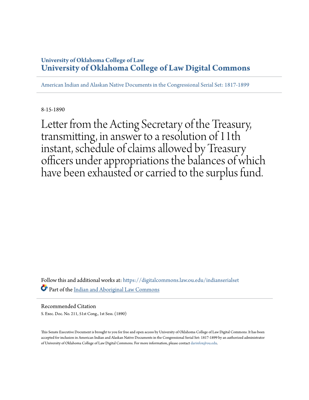 Letter from the Acting Secretary of the Treasury, Transmitting, in Answer To