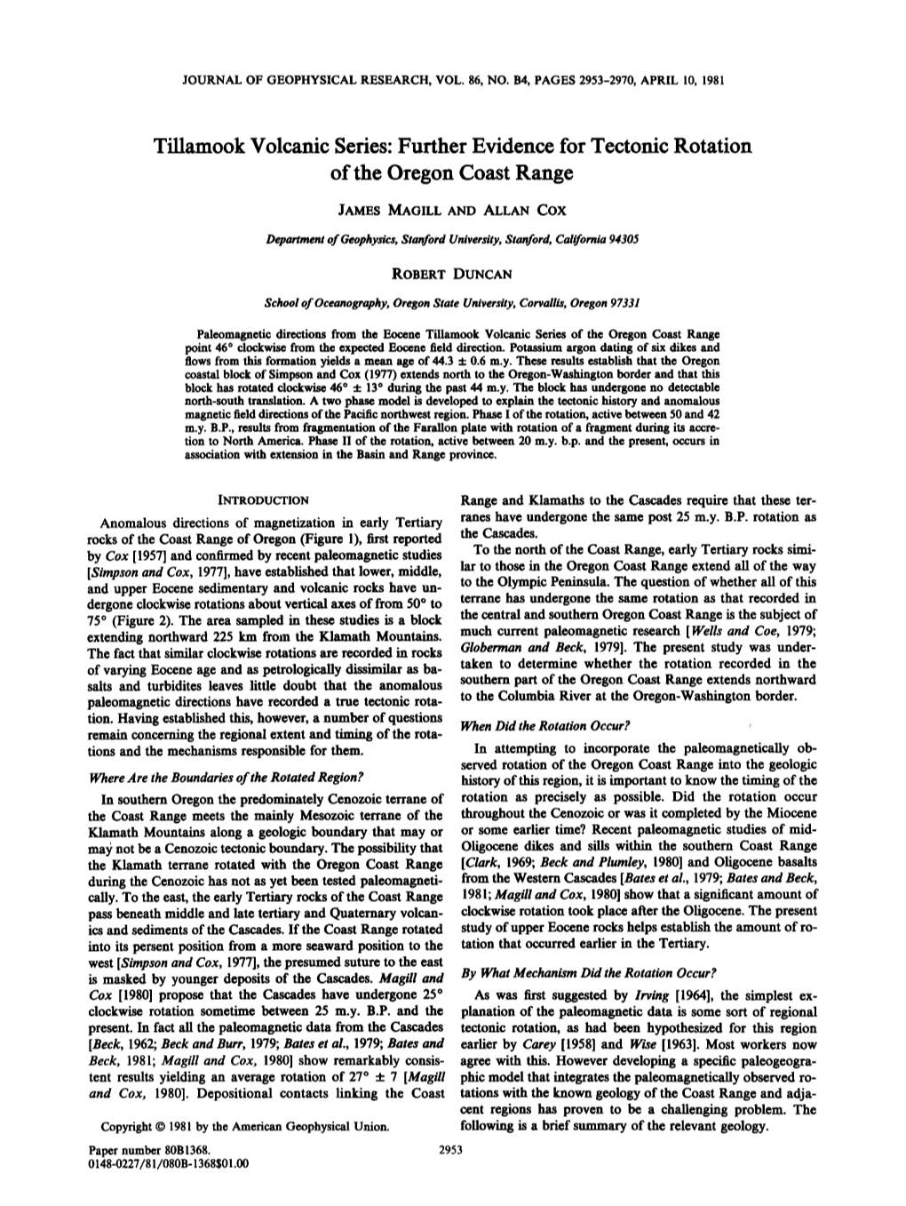 Tillamook Volcanic Series: Further Evidence for Tectonic Rotation Of