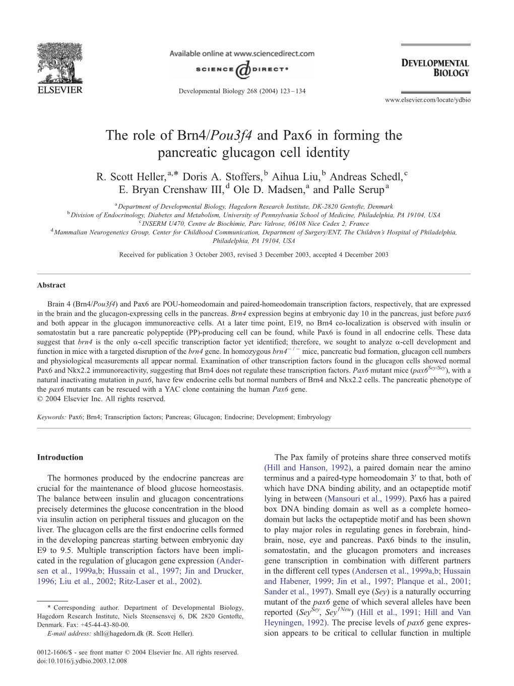 The Role of Brn4/Pou3f4 and Pax6 in Forming the Pancreatic Glucagon Cell Identity