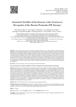 Crustacea: Decapoda) of the Iberian Peninsula (SW Europe)