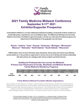 2021 Family Medicine Midwest Conference September 9-11Th 2021 Exhibitor/Supporter Prospectus