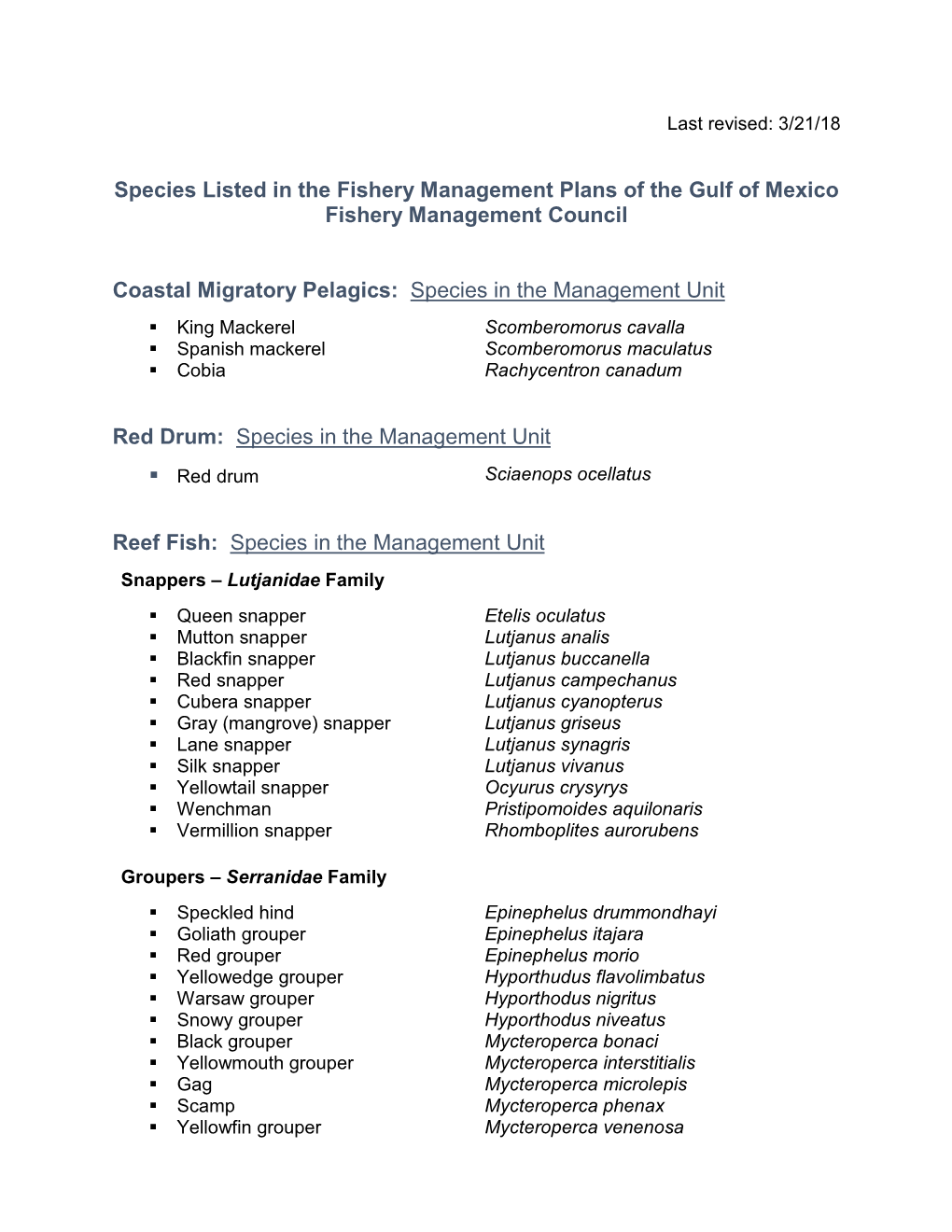 Species Managed by Council Fmps