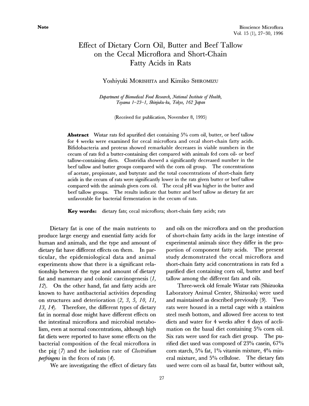 Effect of Dietary Corn Oil, Butter and Beef Tallow on the Cecal Microflora and Short-Chain Fatty Acids in Rats