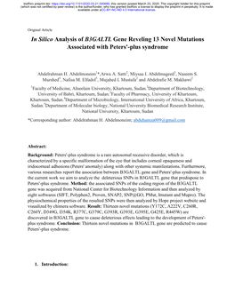 In Silico Analysis of B3GALTL Gene Reveling 13 Novel Mutations Associated with Peters'-Plus Syndrome