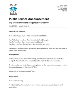 Public Service Announcement City Events for National Indigenous Peoples Day
