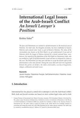 International Legal Issues of the Arab-Israeli Conflict an Israeli Lawyer’S Position