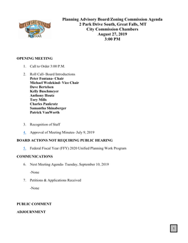 Planning Advisory Board/Zoning Commission Agenda 2 Park Drive South, Great Falls, MT City Commission Chambers August 27, 2019 3:00 PM