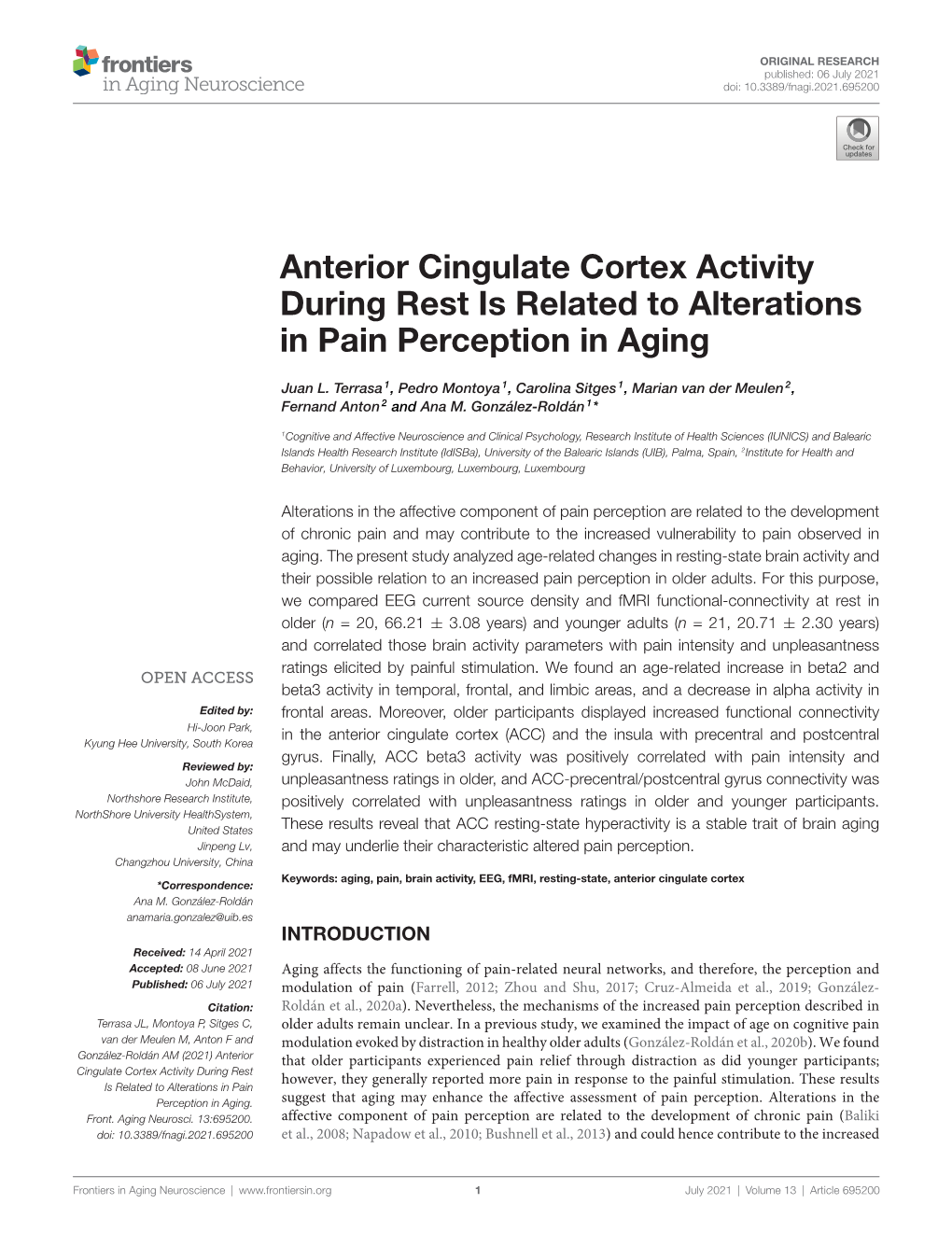 Anterior Cingulate Cortex Activity During Rest Is Related to Alterations in Pain Perception in Aging