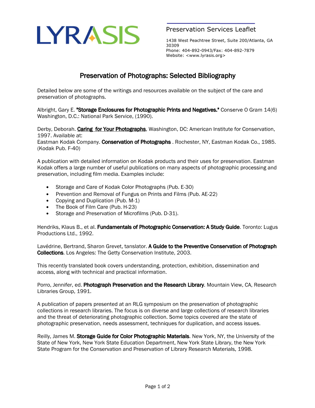 Preservation of Photographs: Selected Bibliography