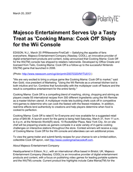 Majesco Entertainment Serves up a Tasty Treat As 'Cooking Mama: Cook Off' Ships for the Wii Console