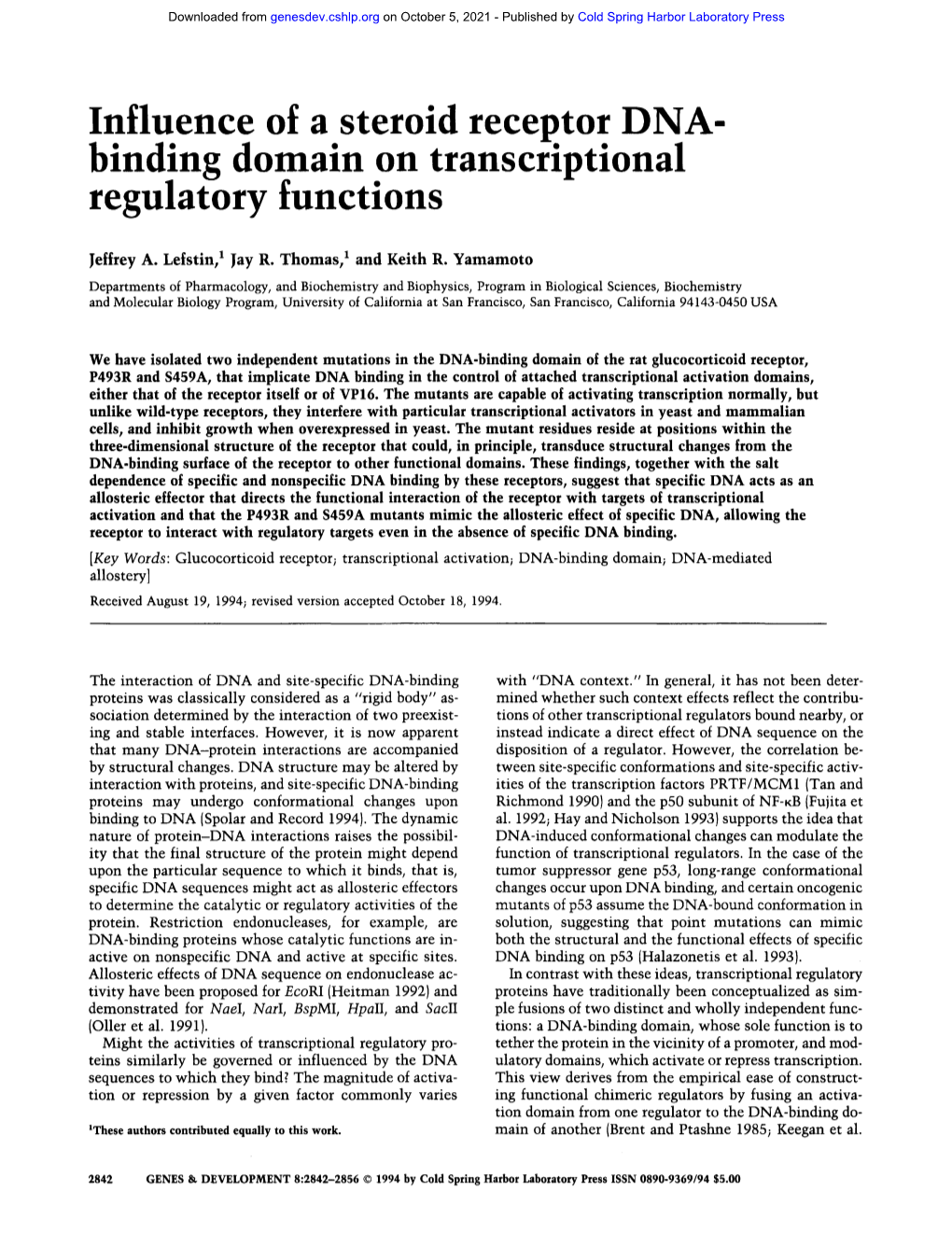 Influence of a Steroid Receptor DNA- Binding Domain on Transcriptional Regulatory Functions