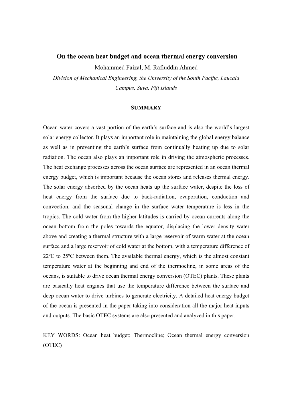 On the Ocean Heat Budget and Ocean Thermal Energy Conversion Mohammed Faizal, M