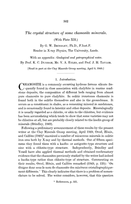 The Crystal Structure of Some Chamosite Minerals. with An