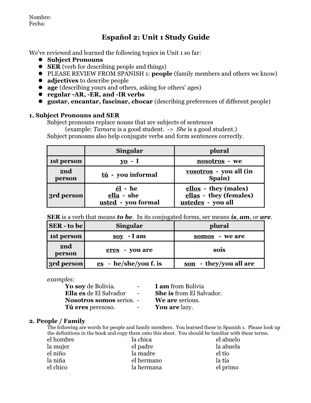 Español 2: Unit 1 Study Guide