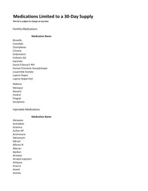 Medications Limited to a 30-Day Supply This List Is Subject to Change at Any Time