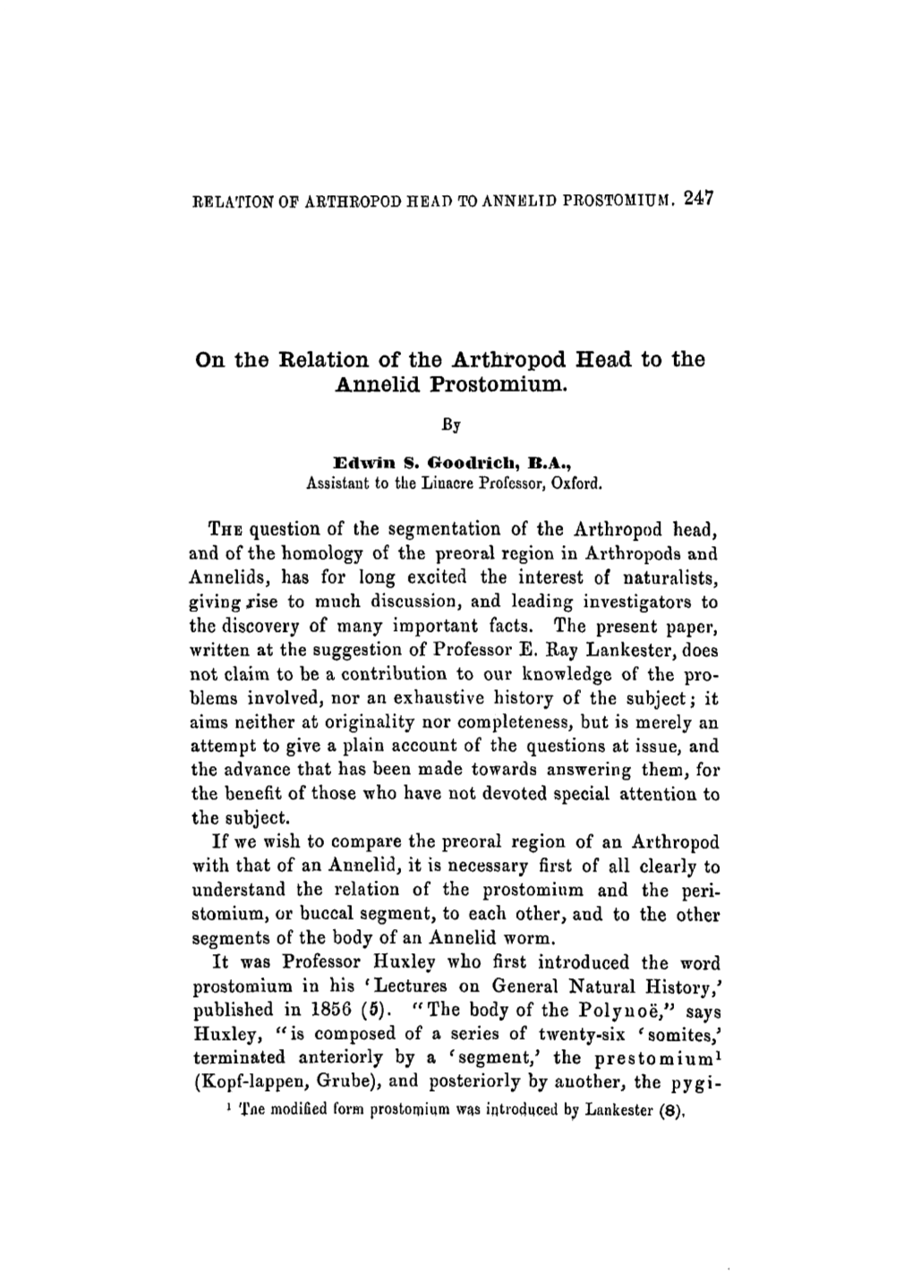 On the Relation of the Arthropod Head to the Annelid Prostomium. by Edwin S