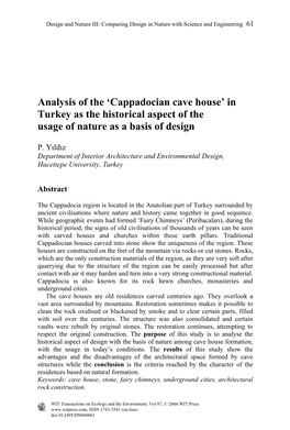 Cappadocian Cave House’ in Turkey As the Historical Aspect of the Usage of Nature As a Basis of Design