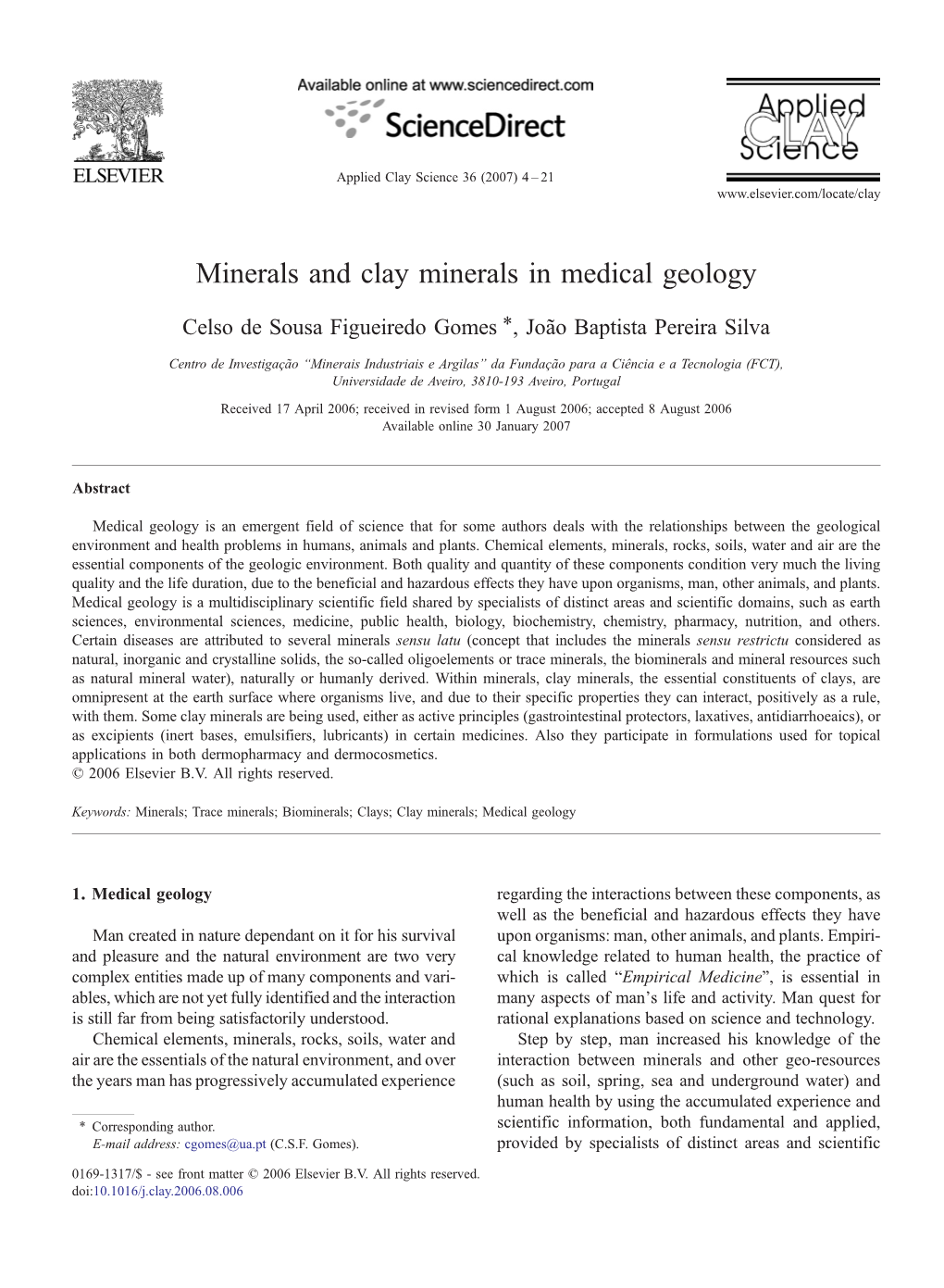 Minerals and Clay Minerals in Medical Geology ⁎ Celso De Sousa Figueiredo Gomes , João Baptista Pereira Silva