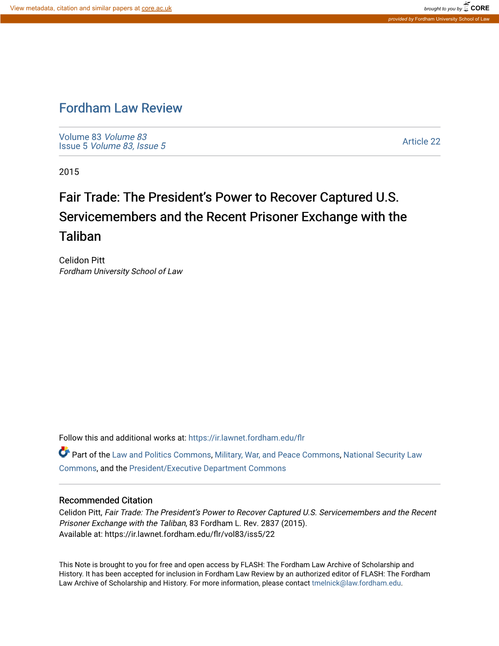 Fair Trade: the President's Power to Recover Captured U.S