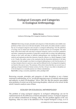 Ecological Concepts and Categories in Ecological Anthropology