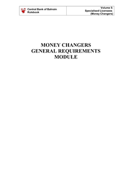 Money Changers General Requirements Module