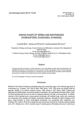 Ensign Wasps of Serbia and Montenegro (Hymenoptera: Evanioidea: Evaniidae)