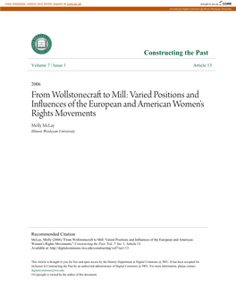 From Wollstonecraft to Mill: Varied Positions and Influences of the European and American Women's Rights Movements," Constructing the Past: Vol