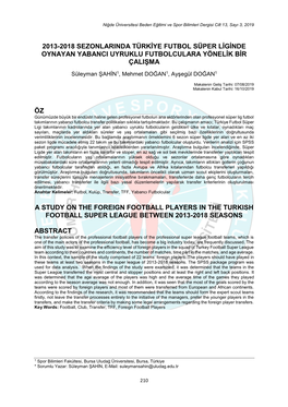 2013-2018 Sezonlarinda Türkiye Futbol Süper Liginde Oynayan Yabanci Uyruklu Futbolculara Yönelik Bir Çalişma