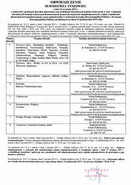 OBWIESZCZENIE BURMISTRZA TYSZOWIEC Z Dnia 15 Września 2015 R