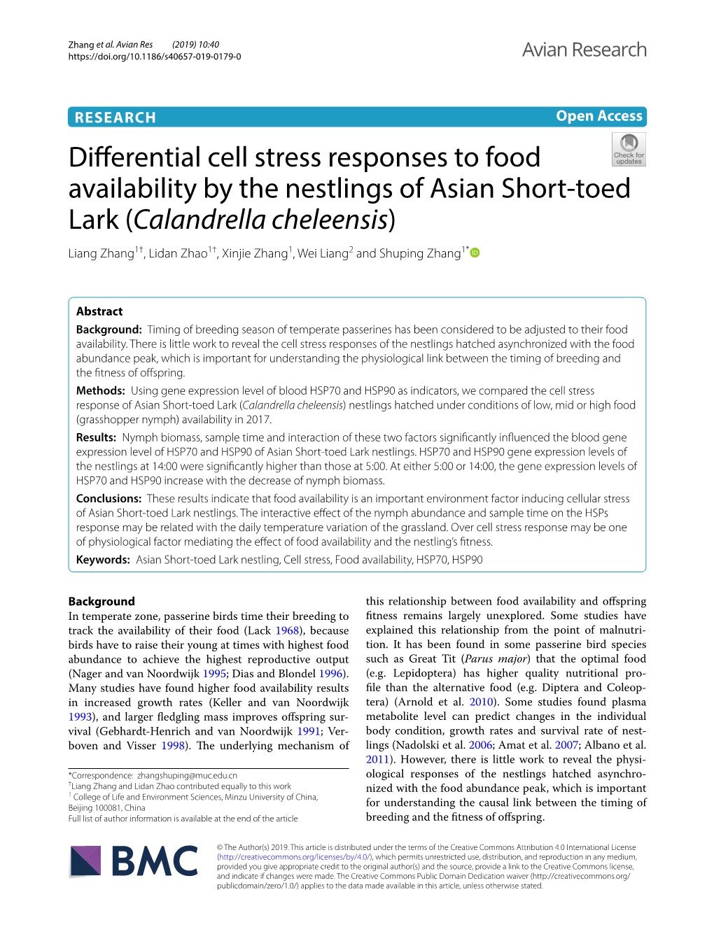 Differential Cell Stress Responses to Food Availability by the Nestlings Of