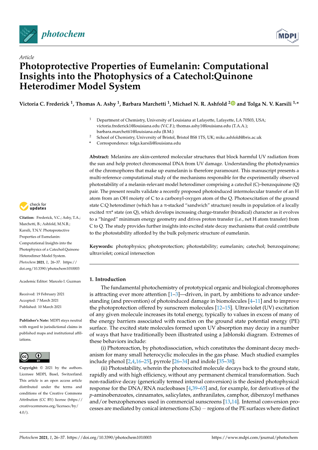 Photoprotective Properties of Eumelanin: Computational Insights Into the Photophysics of a Catechol:Quinone Heterodimer Model System