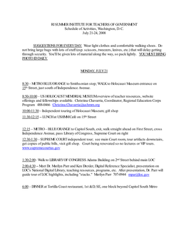 RI SUMMER INSTITUTE for TEACHERS of GOVERNMENT Schedule of Activities, Washington, D