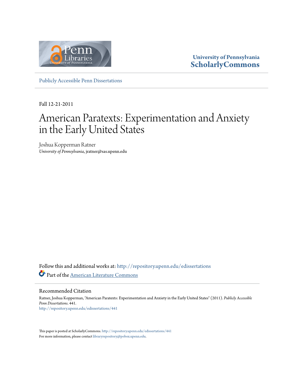 American Paratexts: Experimentation and Anxiety in the Early United States Joshua Kopperman Ratner University of Pennsylvania, Jratner@Sas.Upenn.Edu