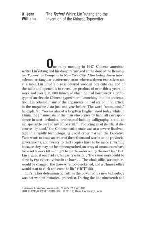 The Technê Whim: Lin Yutang and the Invention of the Chinese Typewriter