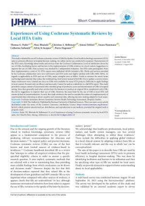 Experiences of Using Cochrane Systematic Reviews by Local HTA Units