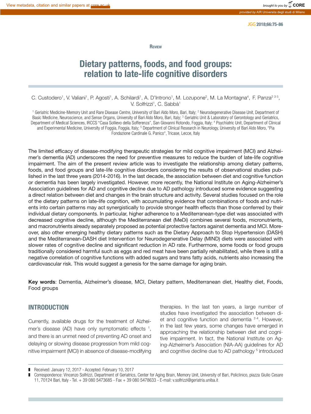 Dietary Patterns, Foods, and Food Groups: Relation to Late-Life Cognitive Disorders